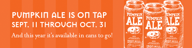 Iron Hill Brewery Pumpkin Ale Cans & Pizza or Wings To Go Deal