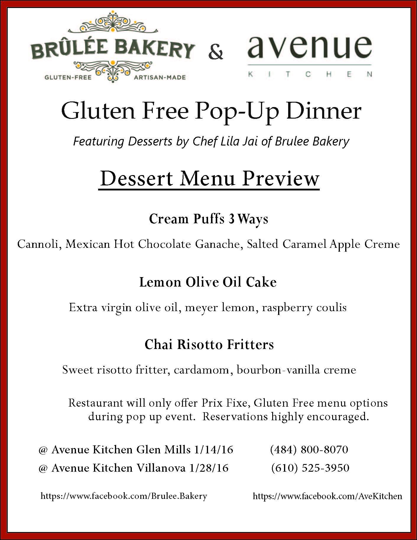Brulee Bakery Gluten Free Pop Up Dinner at Avenue Kitchen in Glen Mills & Villanova