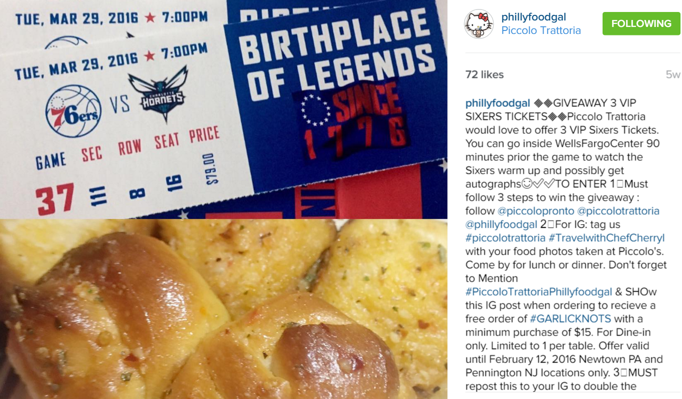 Chef Cherryl & Piccolo Trattoria Sixers Ticket Giveaway