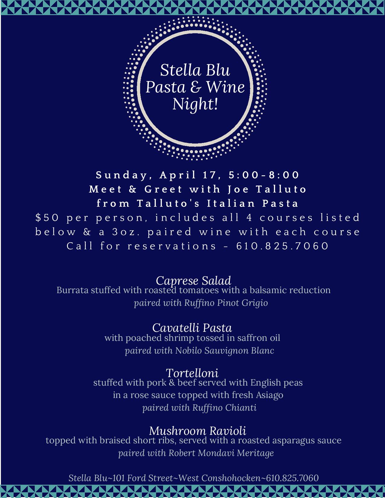 Stella Blu To Host Exclusive Pasta & Wine Event on Sunday April 17