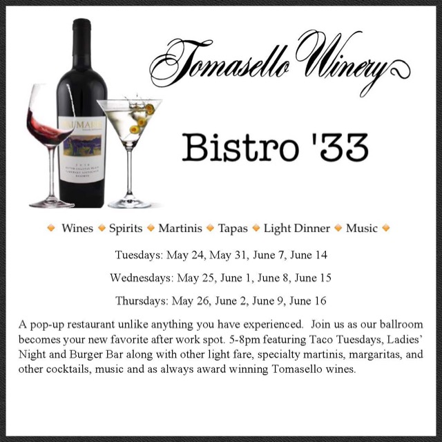 Pop Up Restaurant at Tomasello Winery To Debut May 24