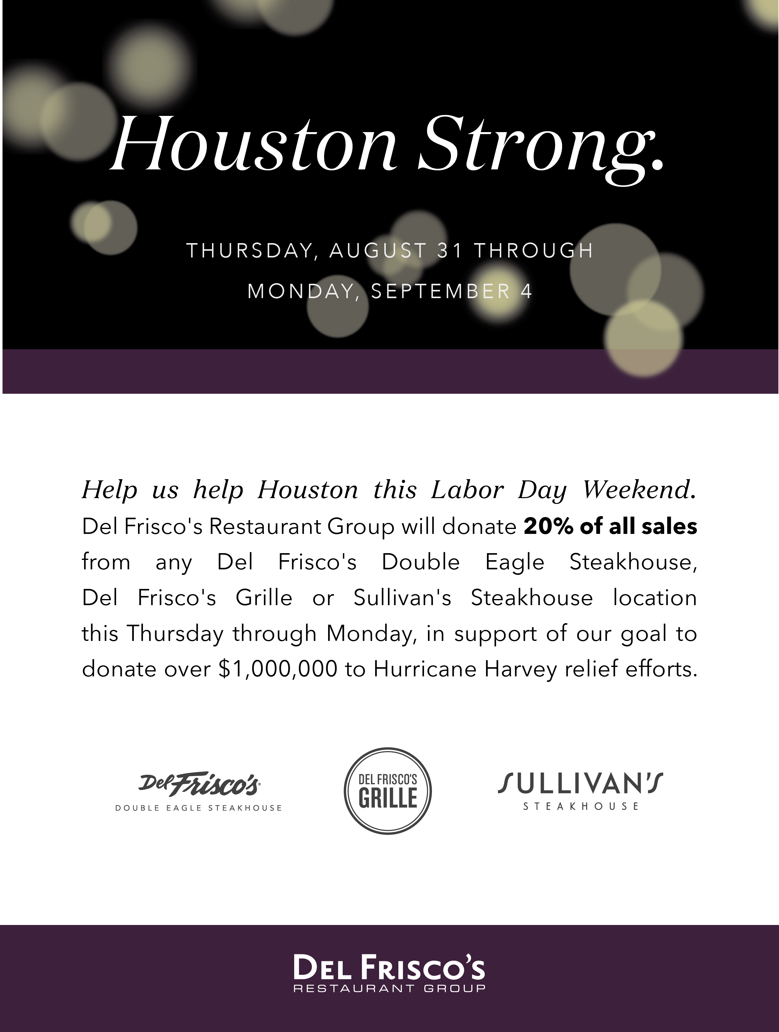 Del Frisco’s Restaurant Group Supports Harvey Victims with $1 Million Donation Goal